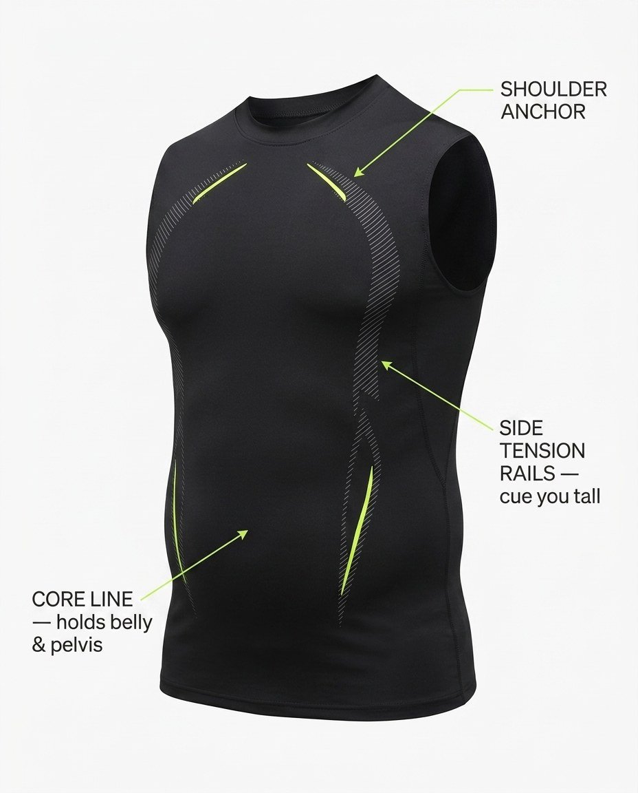 ShapeHero front view with Core Line, Side Tension Rails and Shoulder Anchor zones highlighted